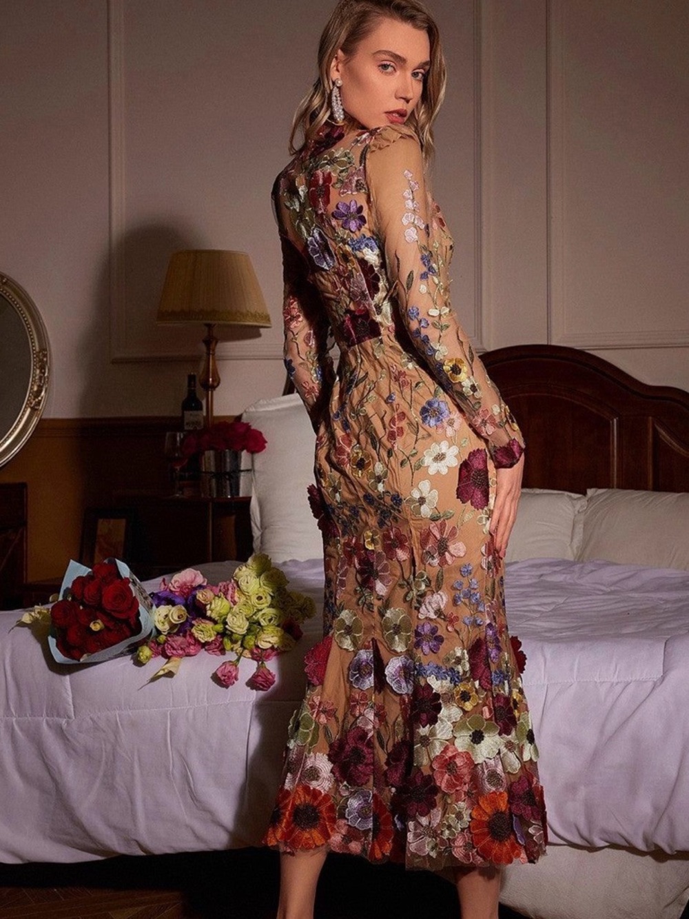 Mew Mews Saige Long Sleeve Mesh Flower Mermaid Dress In Blush